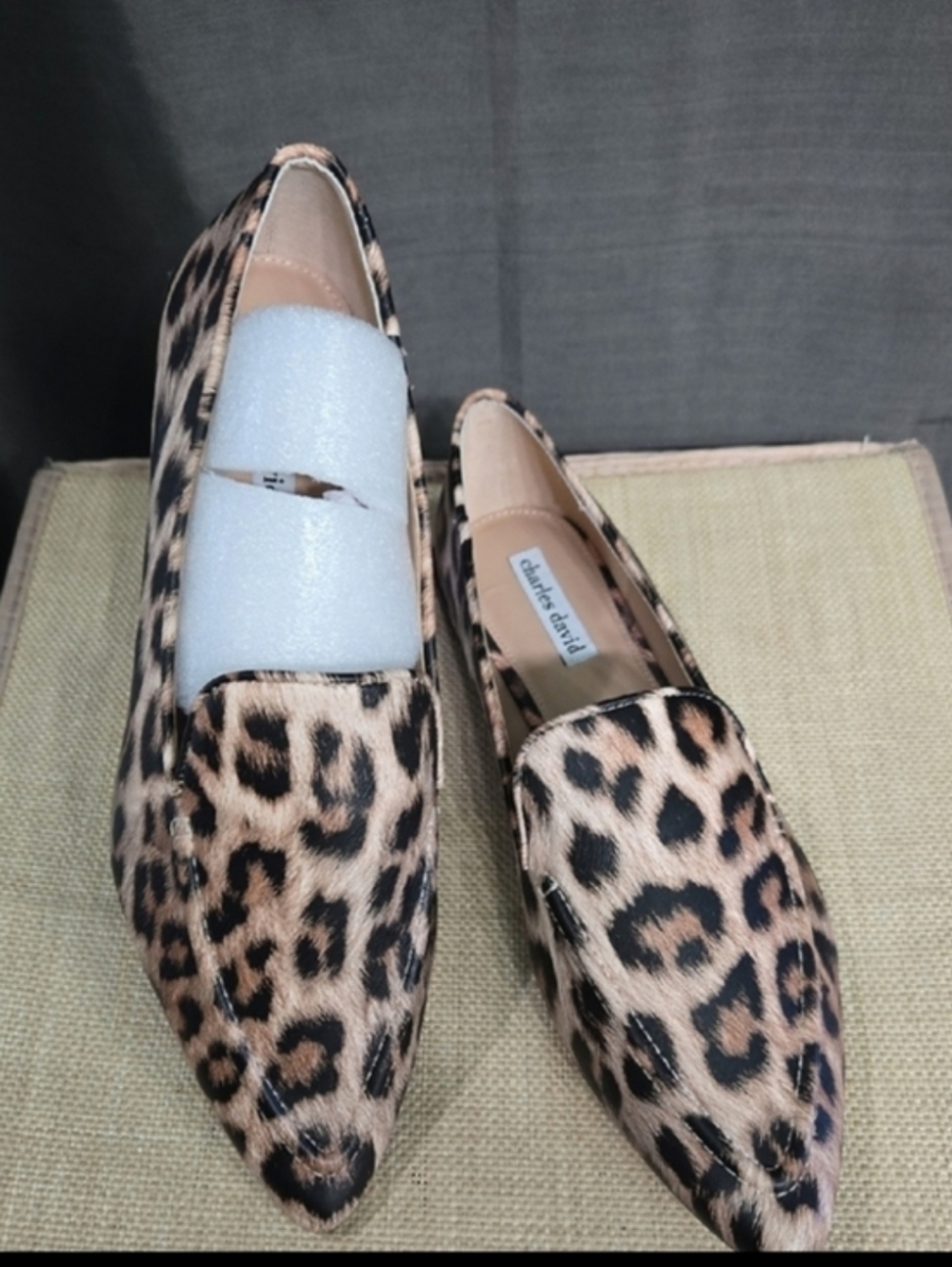 Charles David Leopard Print Pointed Loafers in Tan and Black